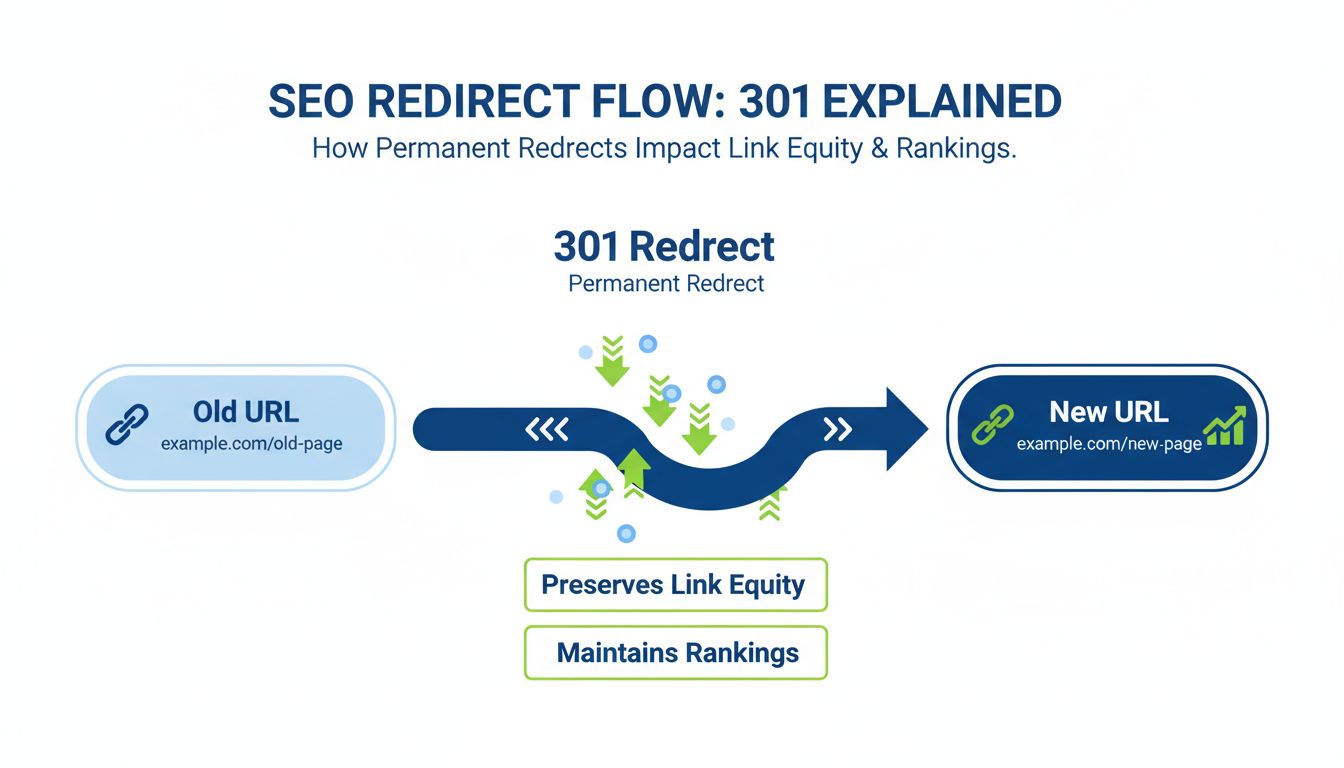 Infographic showing how 301 redirects work for SEO, displaying old URL redirecting to new URL with link equity preservation