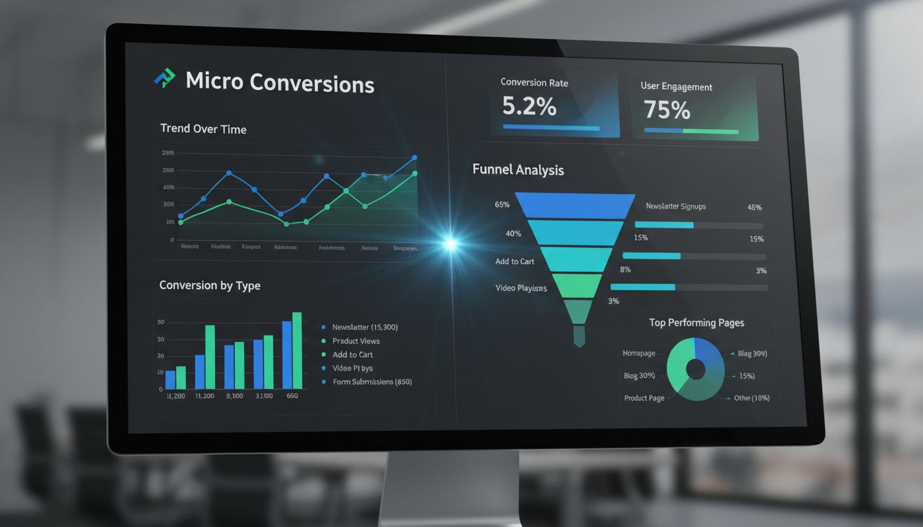 Professional analytics dashboard showing micro conversions tracking with charts, metrics, and conversion funnel visualization