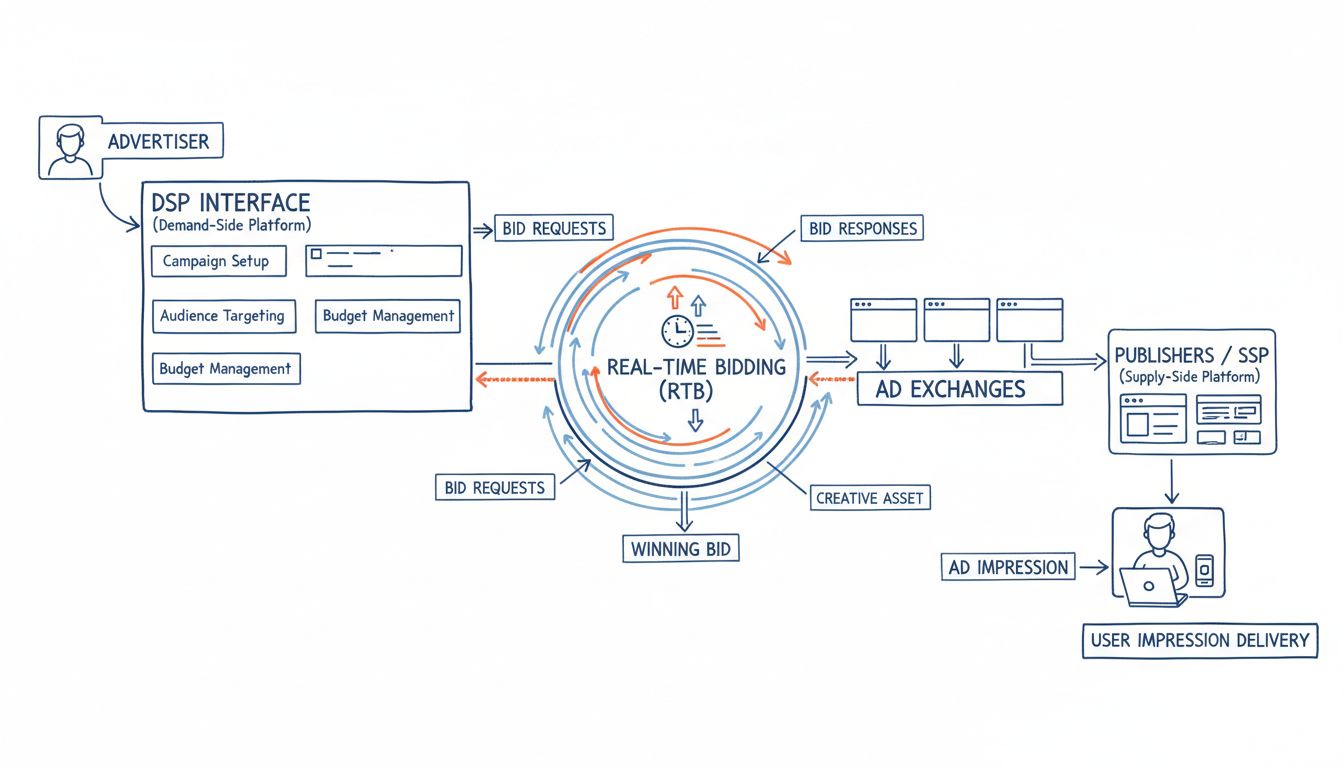 Technical diagram showing how demand-side platforms work in programmatic advertising with advertiser interface, real-time bidding, ad exchanges, publishers, and user impression delivery