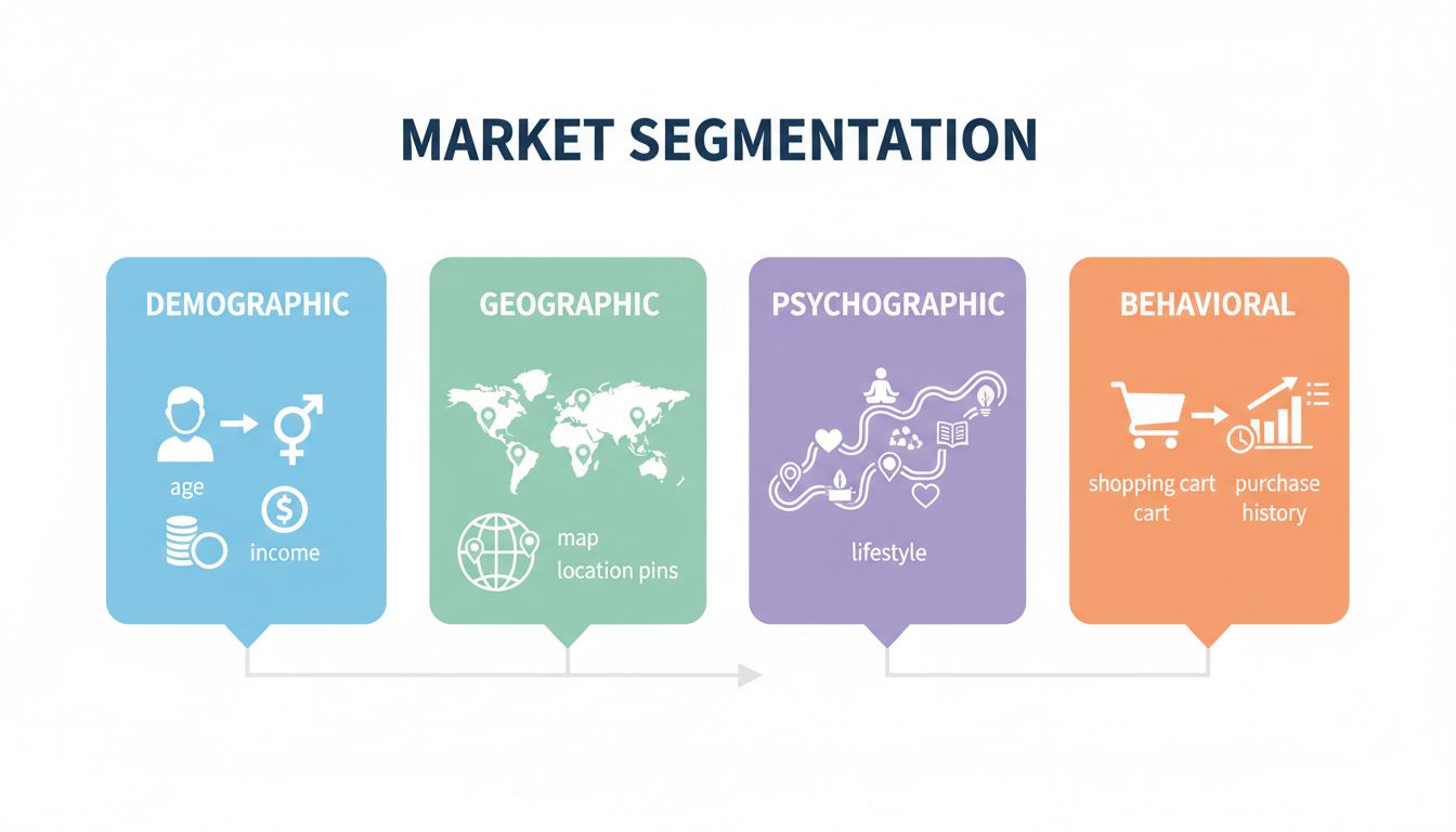 Four types of market segmentation: Demographic, Geographic, Psychographic, and Behavioral