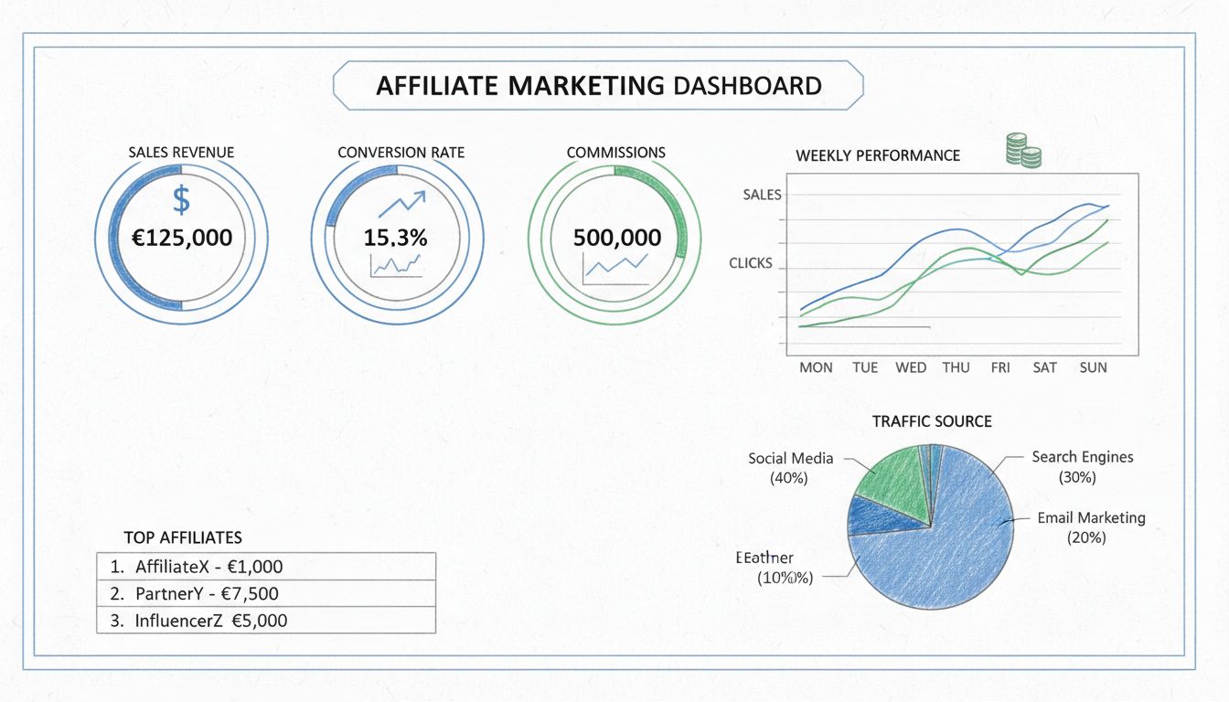 Affiliate marketing dashboard showing quick report KPI metrics with sales revenue, conversion rate, clicks, commissions, and top affiliates