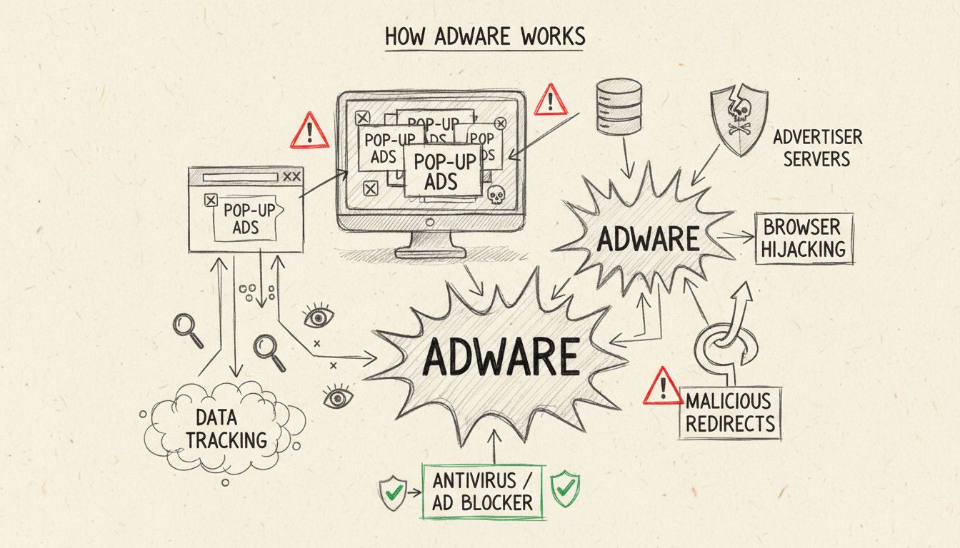 Hand-drawn diagram showing how adware works with pop-up ads, data tracking, browser hijacking, and malicious redirects