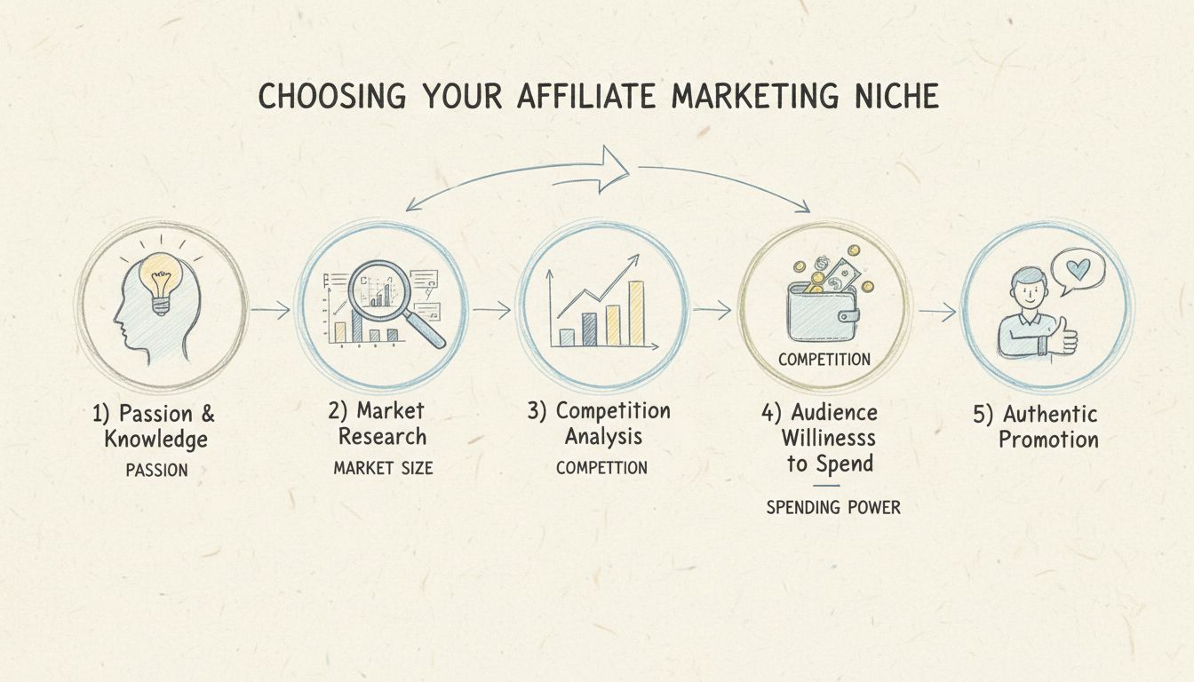 Hand-drawn diagram showing 5 steps to choosing an affiliate marketing niche: Passion & Knowledge, Market Research, Competition Analysis, Audience Willingness to Spend, and Authentic Promotion