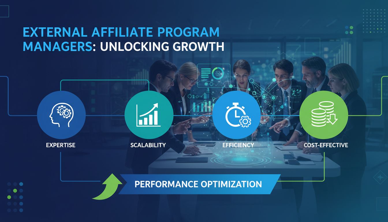 External affiliate program managers benefits infographic showing expertise, scalability, efficiency, and cost-effectiveness with professional team managing partnerships