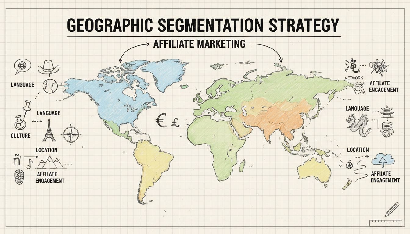 Hand-drawn diagram showing geographic segmentation strategy with world map, regional highlights, language symbols, cultural elements, location pins, and affiliate network connections