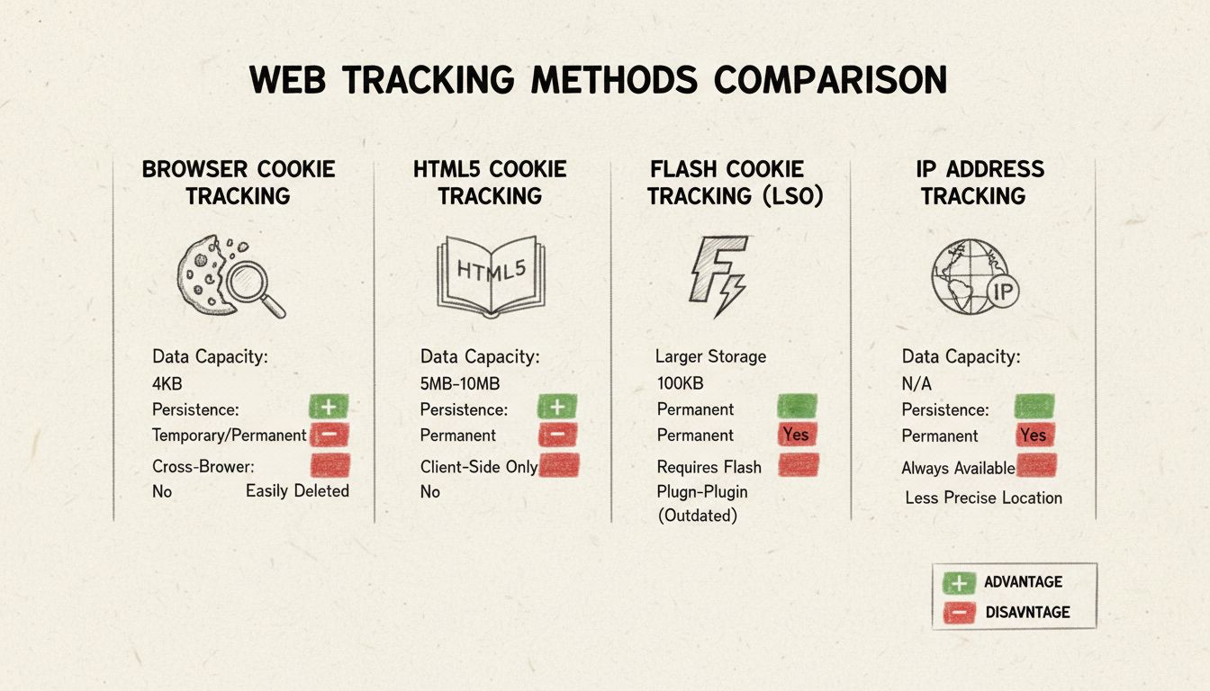 Comparison diagram of tracking methods showing browser cookies, HTML5 storage, flash cookies, and IP address tracking with data capacity, persistence, and cross-browser capabilities