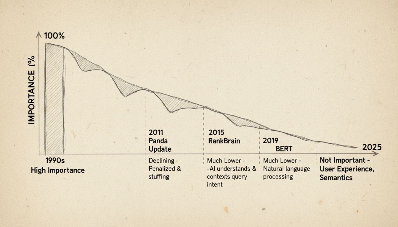 Timeline diagram showing the decline of keyword density importance from 1990s to 2025, with major algorithm updates marked: Panda 2011, Hummingbird 2013, RankBrain 2015, and BERT 2019