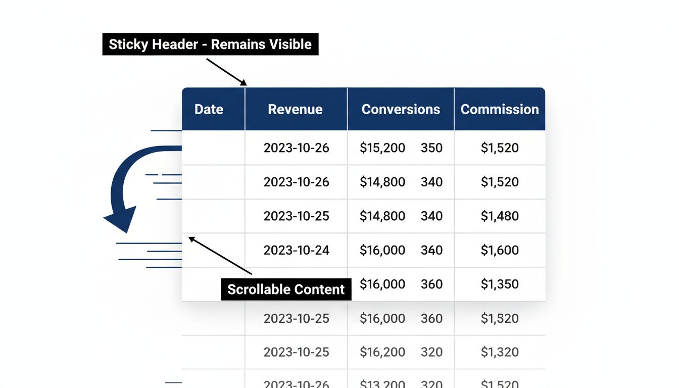 Sticky header diagram showing table with frozen header row remaining visible while data scrolls beneath