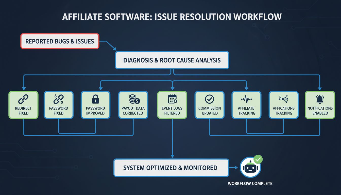 Technical diagram showing bug fixes and issue resolution workflow in Post Affiliate Pro affiliate software with icons for redirect links, password security, payout data, event logs, commission status, affiliate activity tracking, and payday notifications