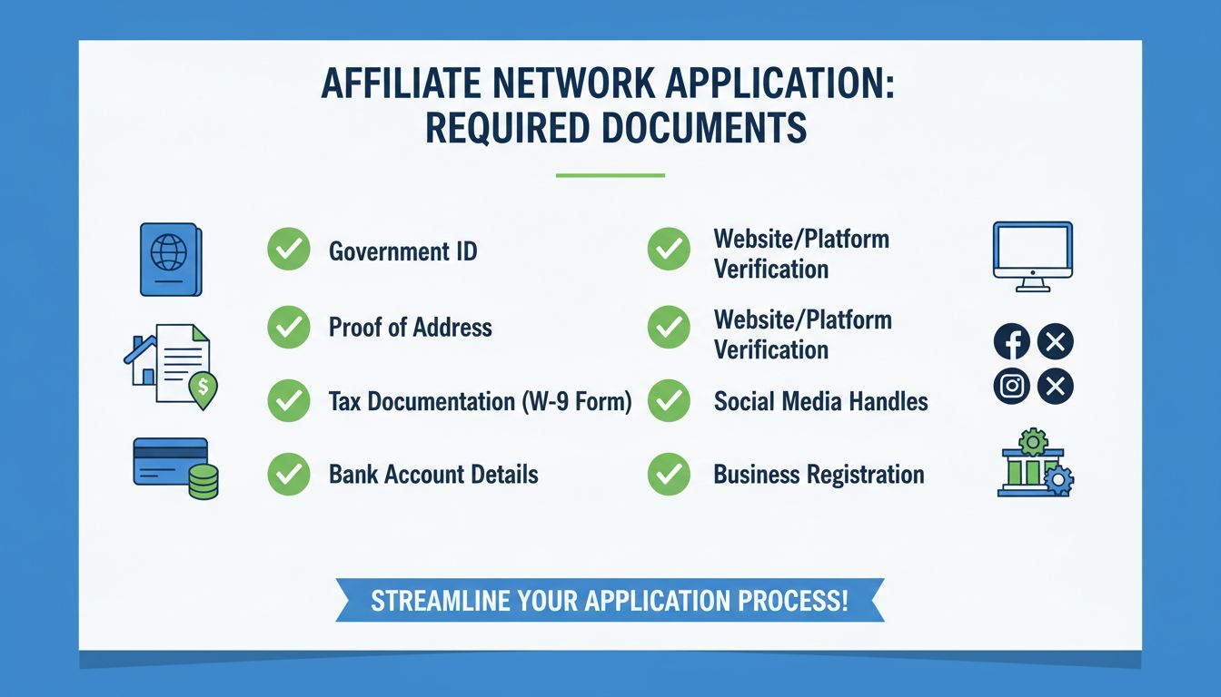 Checklist of documents required for affiliate network application including government ID, proof of address, tax documentation, bank account details, website verification, and business registration