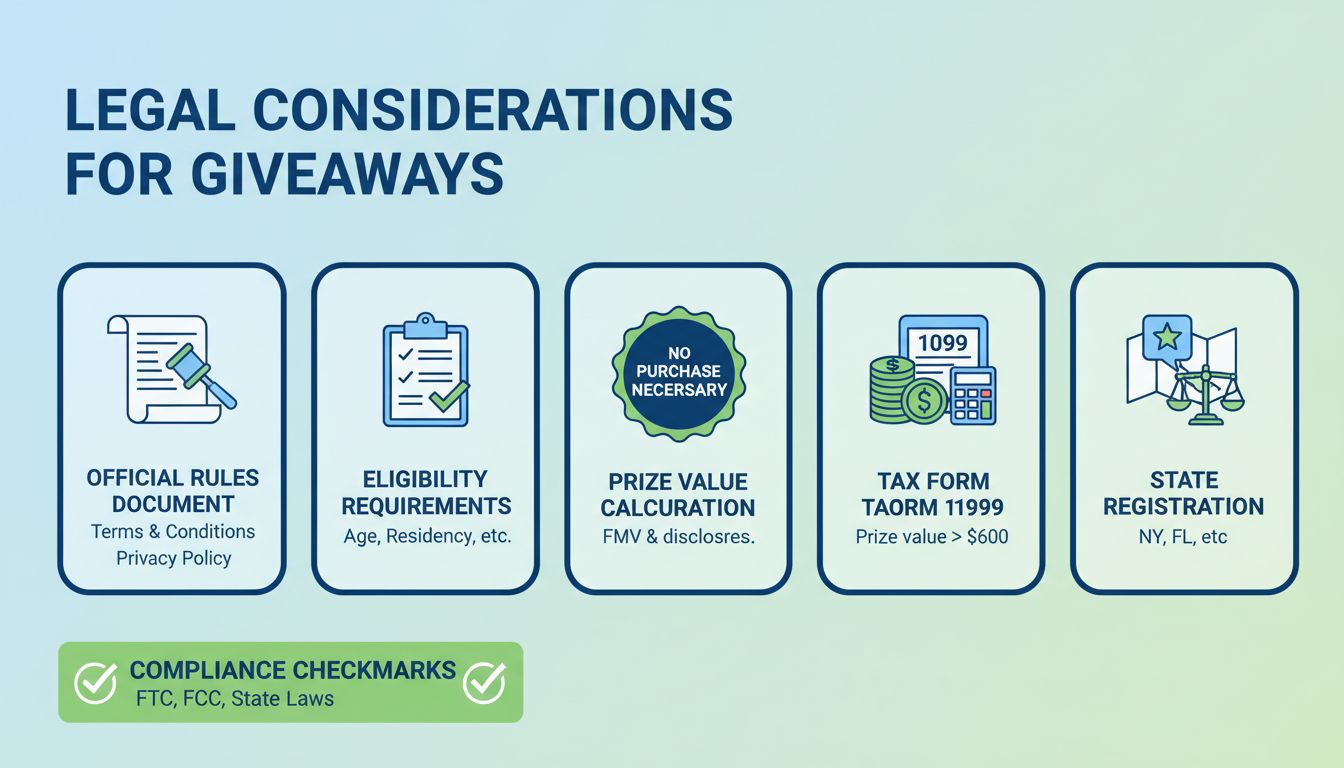 Legal considerations infographic for hosting giveaways showing official rules, eligibility requirements, no purchase necessary badge, prize value calculation, tax forms, and state registration requirements