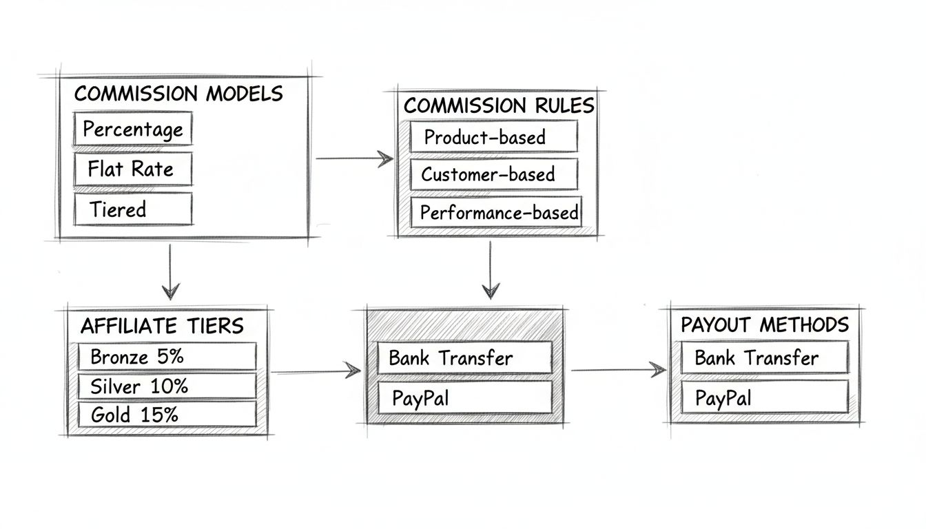 Hand-drawn diagram showing affiliate commission structure setup with commission models, rules, tiers, and payout methods