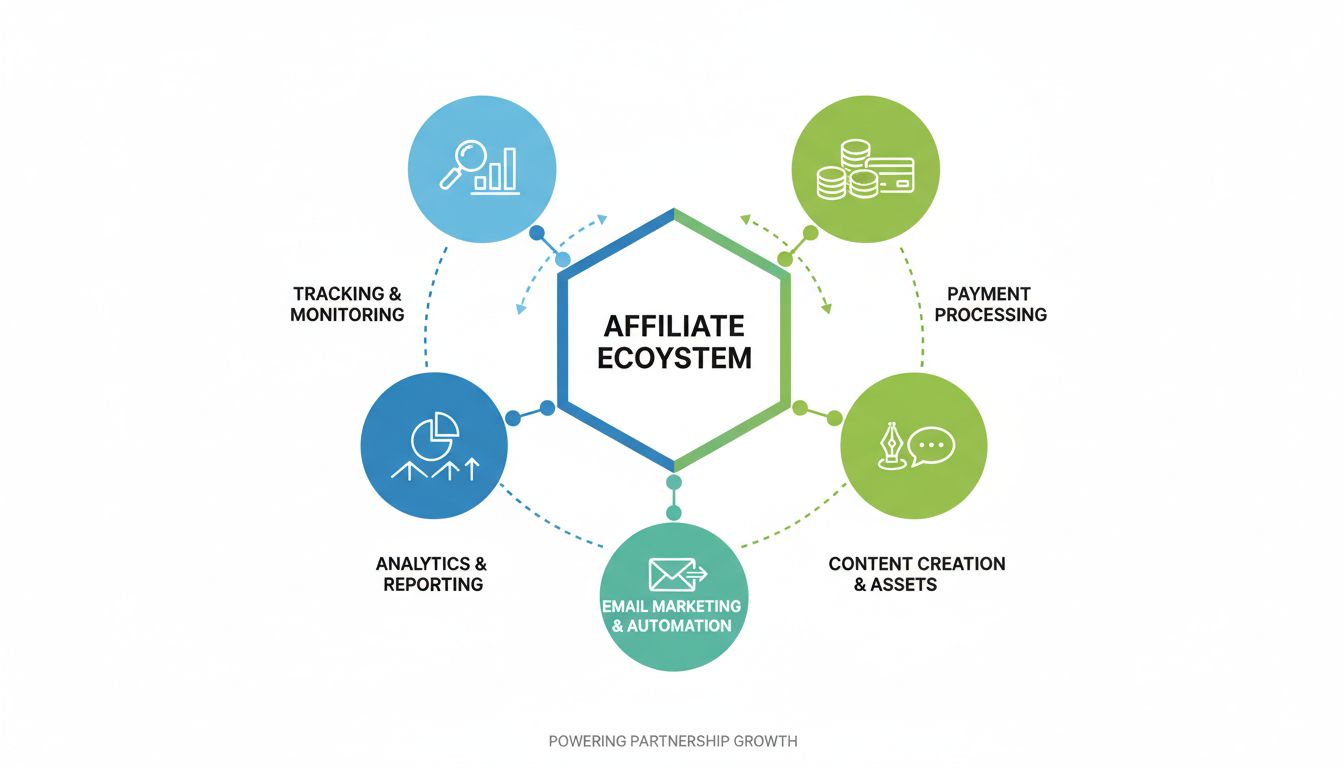 Affiliate program management tools ecosystem showing tracking, analytics, payment processing, content creation, and email marketing categories