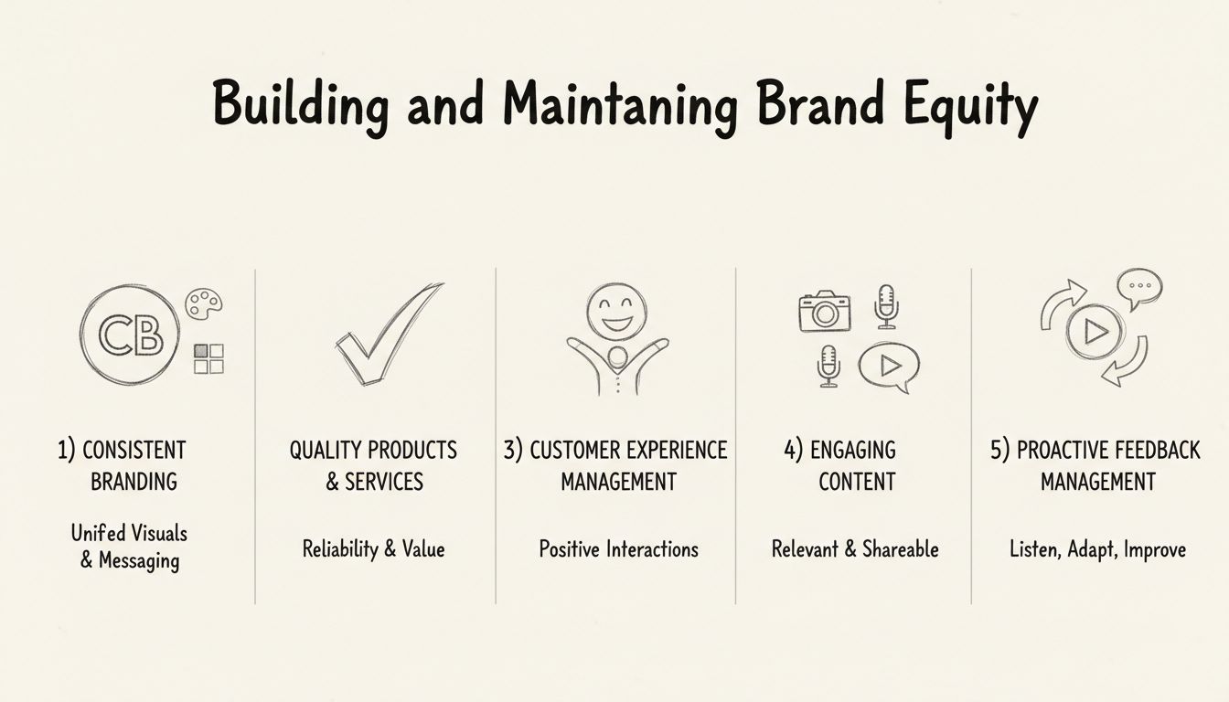 Five pillars of brand equity building: consistent branding, quality products and services, customer experience management, engaging content, and proactive feedback management