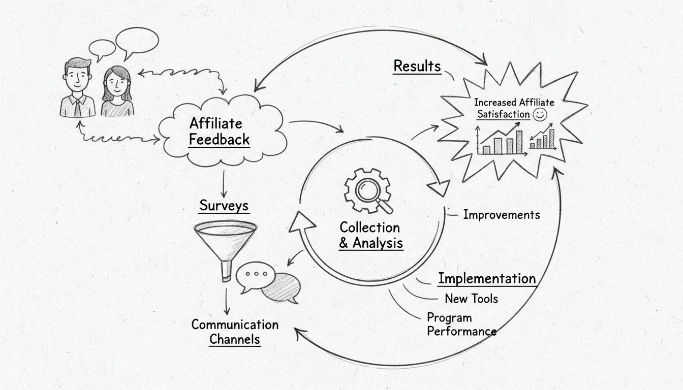 Hand-drawn diagram showing affiliate feedback loop system with stages: Affiliate Feedback, Analysis, Implementation, and Results