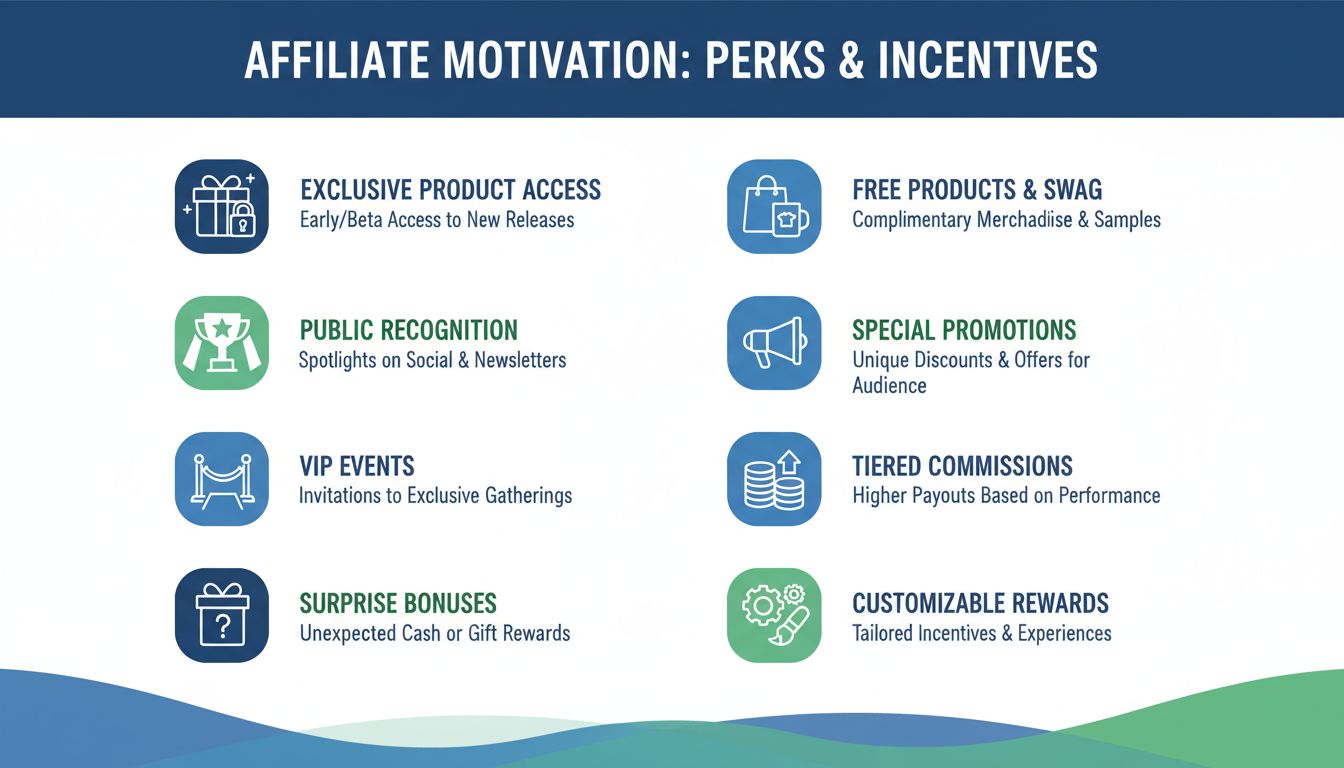 Affiliate motivation perks and incentives infographic showing exclusive access, recognition, VIP events, and tiered rewards