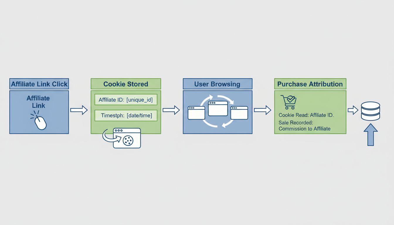 Cookie tracking flow diagram showing affiliate link click, cookie storage, user browsing, and purchase attribution process