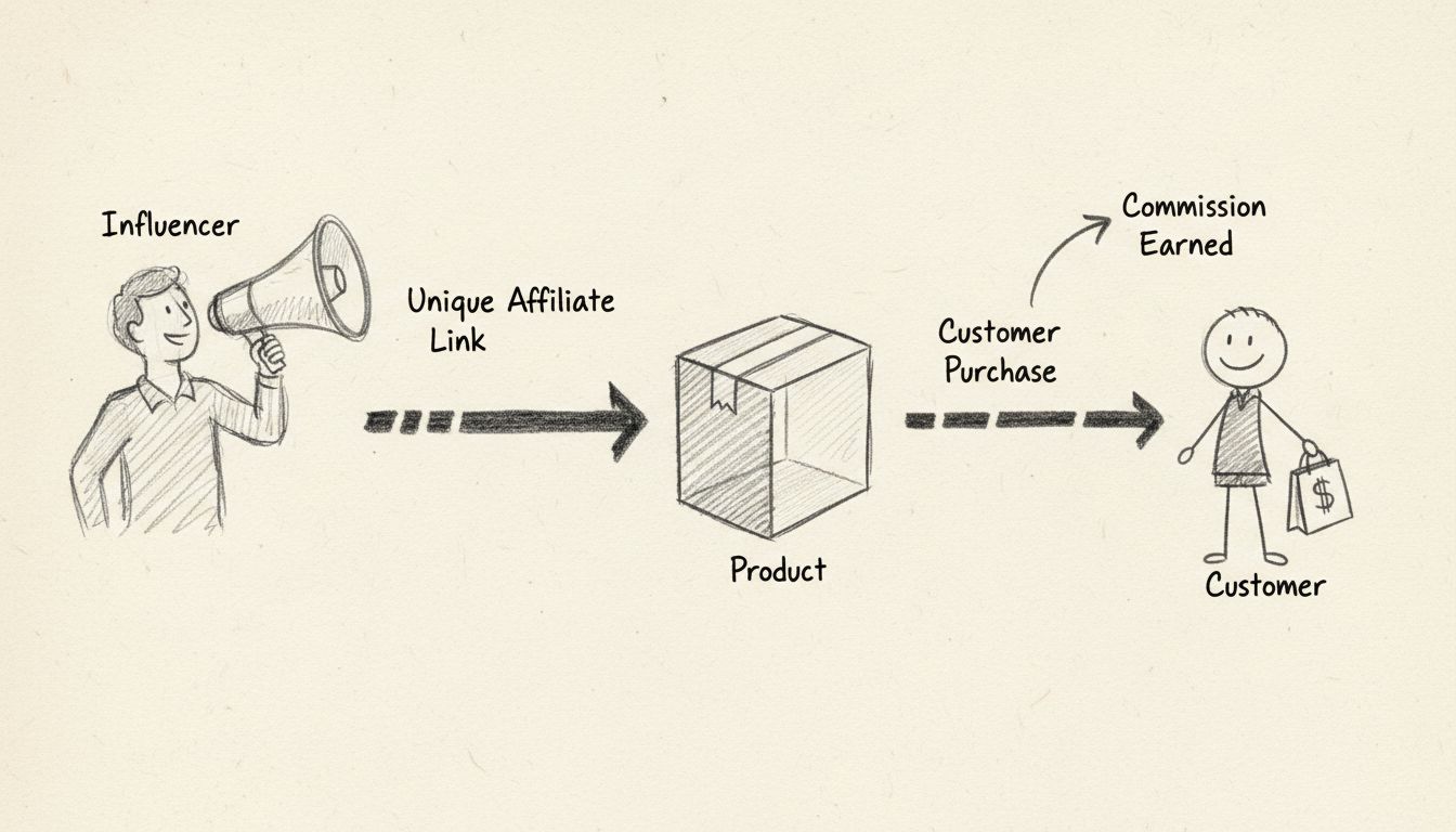Hand-drawn pencil diagram showing affiliate marketing campaign flow with influencer, unique affiliate link, customer purchase, and commission earned