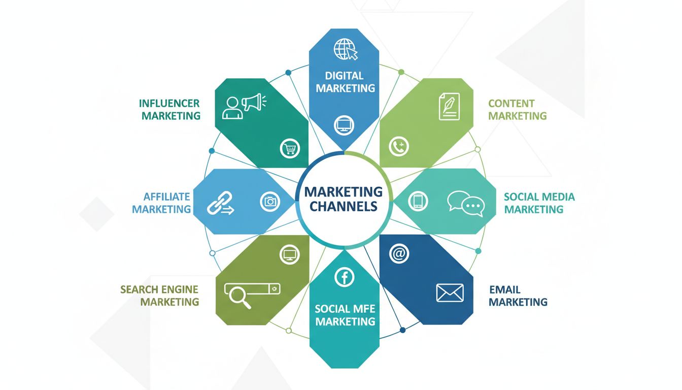 Marketing verticals infographic showing digital marketing, content marketing, social media marketing, email marketing, search engine marketing, affiliate marketing, and influencer marketing channels
