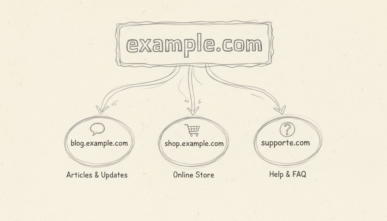Subdomain hierarchy diagram showing main domain with three subdomains branching below