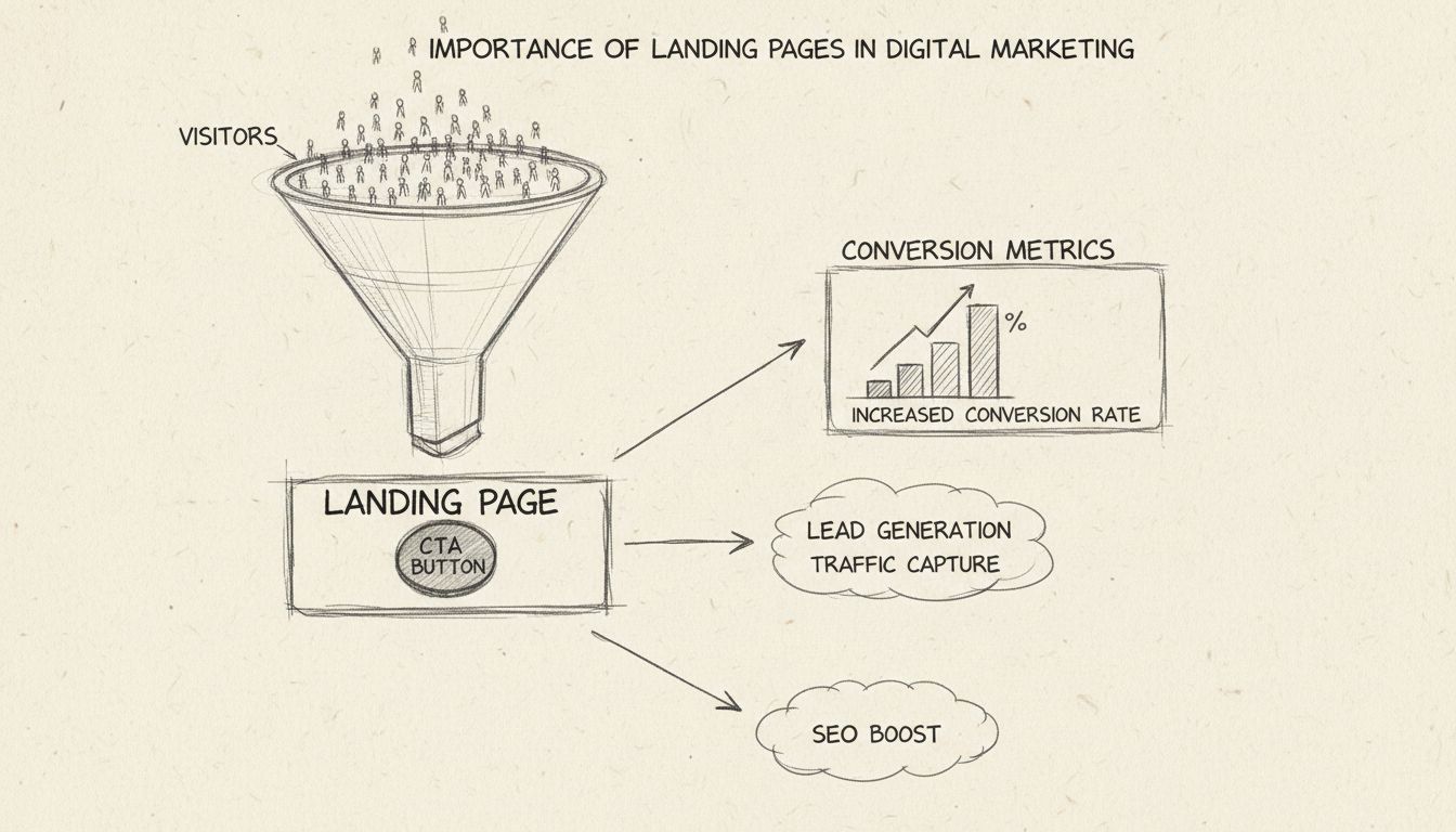 Hand-drawn diagram showing landing page importance with conversion funnel, CTA button, and marketing benefits