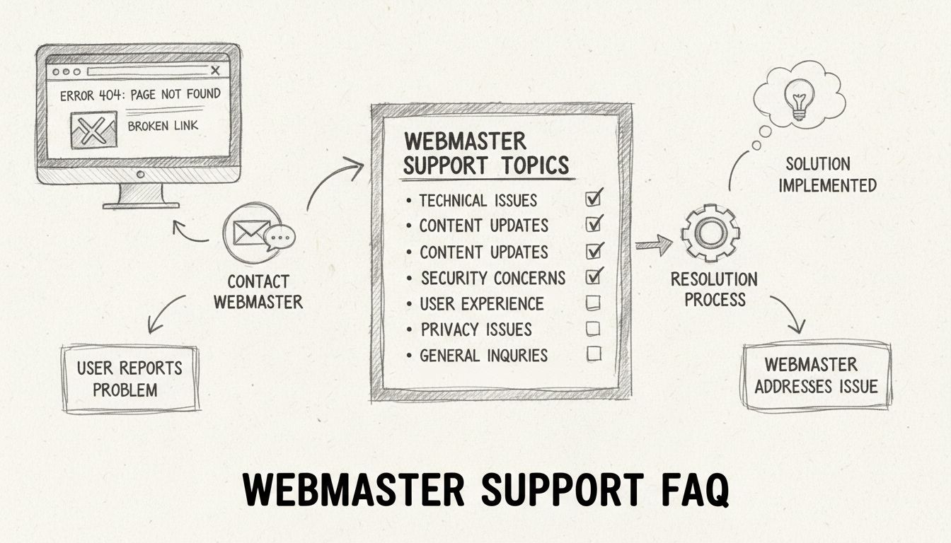 Webmaster support workflow diagram showing how to report website issues and contact support