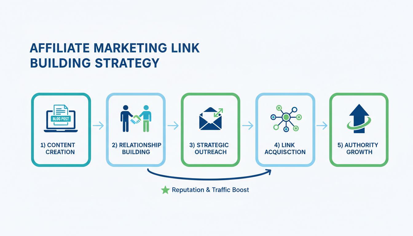 Link building strategy workflow showing content creation, relationship building, strategic outreach, link acquisition, and authority growth steps