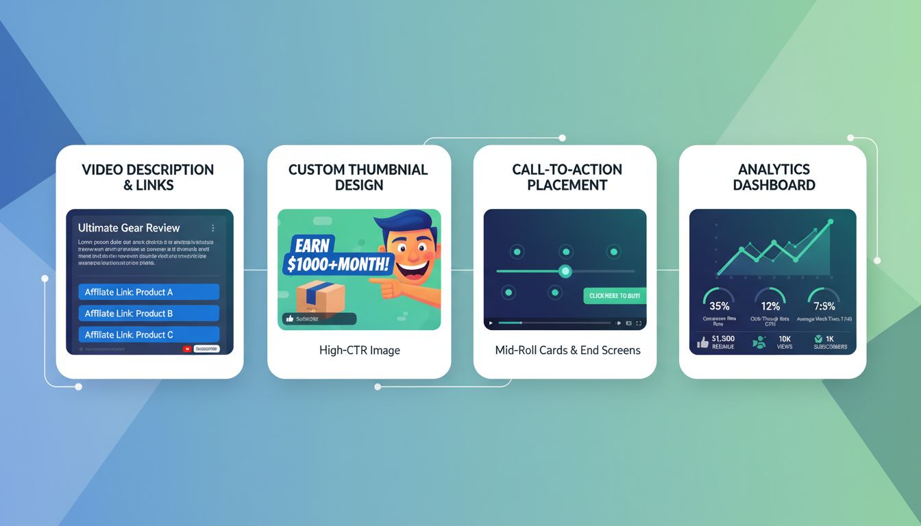 Affiliate video optimization strategy showing link placement, thumbnail design, call-to-action timing, and analytics dashboard