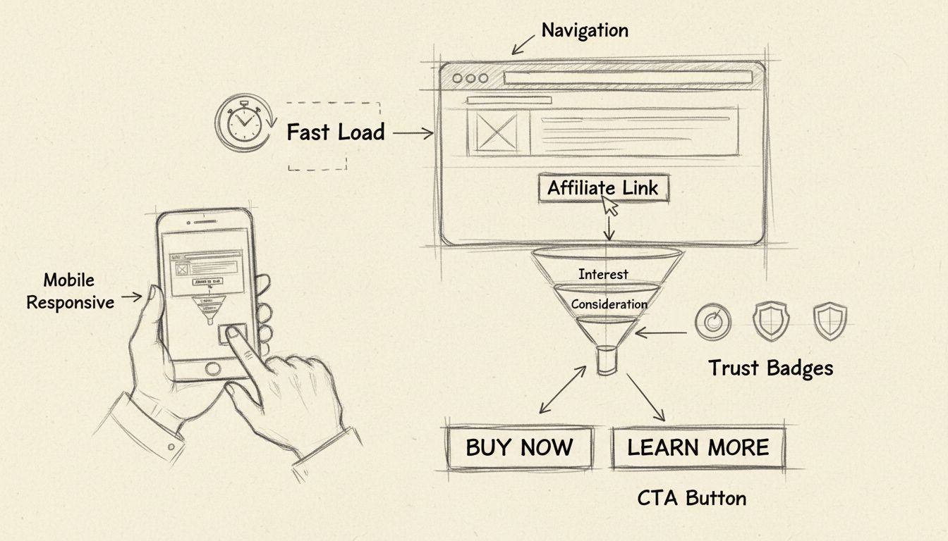 UX design elements for affiliate marketing including navigation, mobile responsiveness, fast loading, trust badges, and conversion optimization