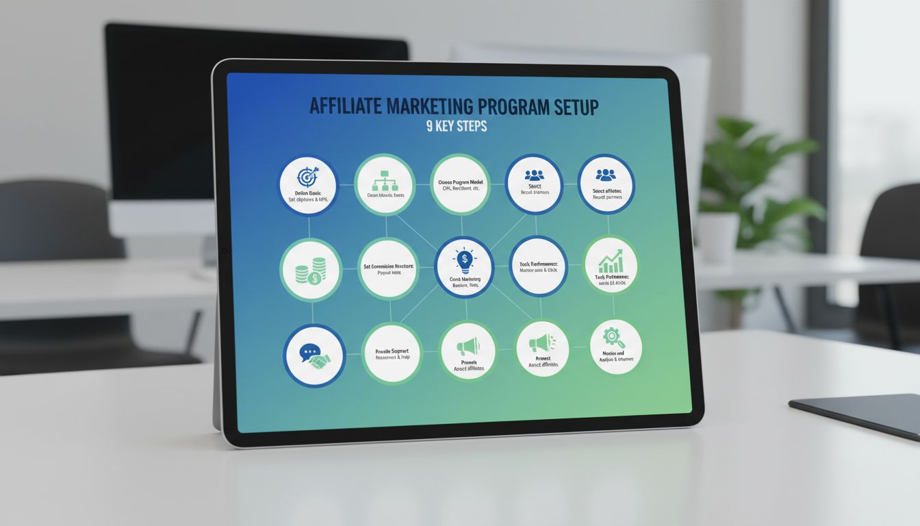 9 key steps to set up an affiliate marketing program infographic showing define goals, choose model, select affiliates, set commissions, create materials, track performance, provide support, promote program, and monitor optimization