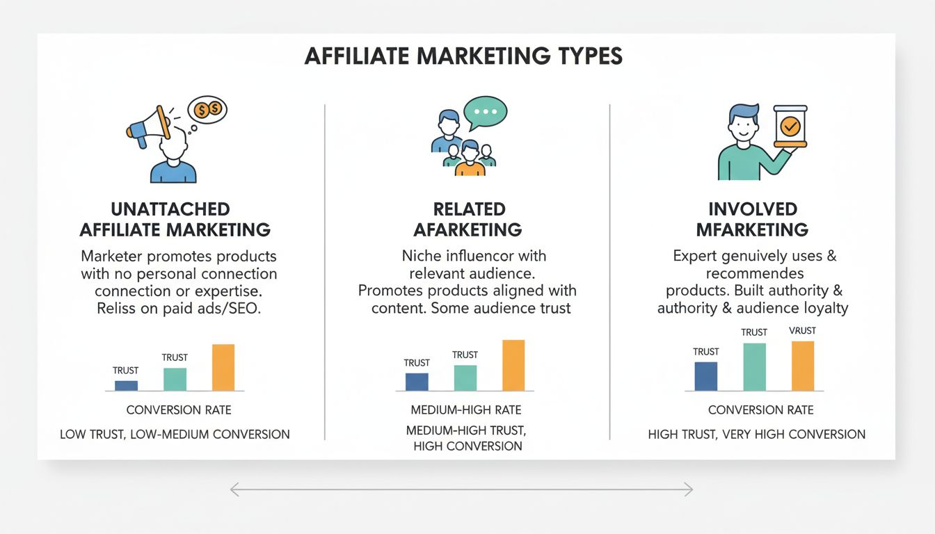 Comparison diagram of three affiliate marketing types: unattached, related, and involved, showing trust levels and conversion rates