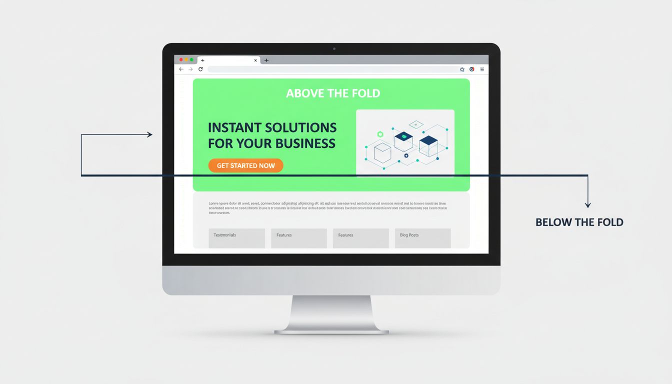 Above the fold web design diagram showing browser window divided into visible and scrollable sections