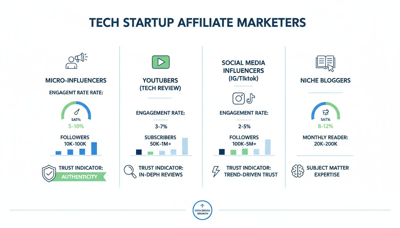 Infographic showing different types of affiliate marketers for tech startups including micro-influencers, YouTubers, social media influencers, and niche bloggers with engagement rates and follower counts