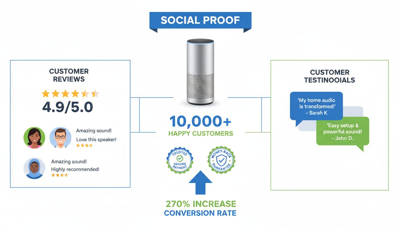 Social proof elements on product pages including customer reviews, testimonials, trust badges, and conversion rate statistics