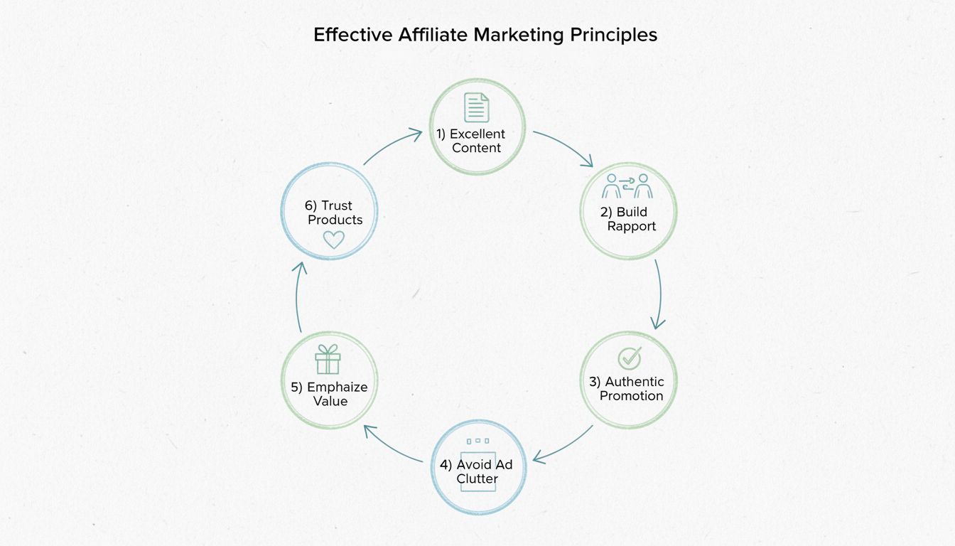 Six key principles of effective affiliate marketing on a blog: excellent content, build rapport, authentic promotion, avoid ad clutter, emphasize value, and trust products