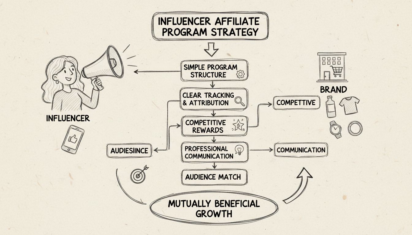 Influencer affiliate program strategy diagram showing program structure, tracking, rewards, communication, and audience alignment