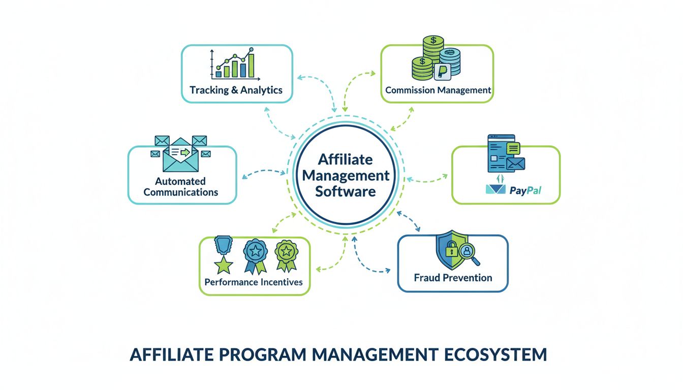 Affiliate program management tools ecosystem showing central hub connected to tracking, commission management, communications, incentives, and fraud prevention