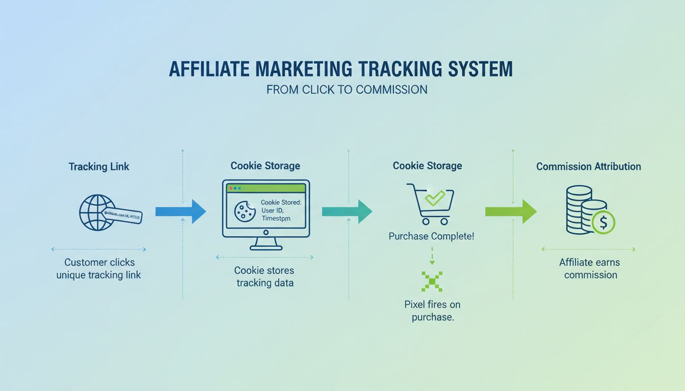 Affiliate marketing tracking system showing tracking links, cookies, and conversion pixels in customer journey