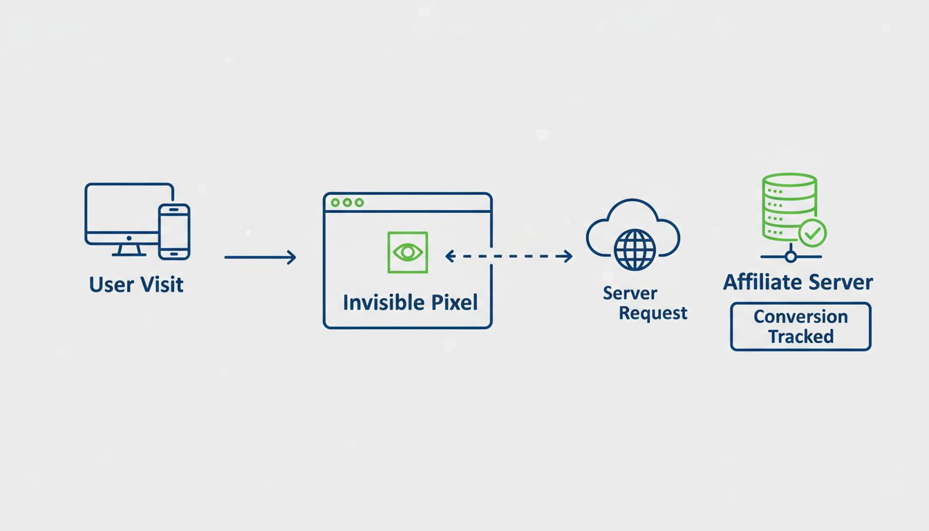Pixel tracking workflow diagram showing user visit, invisible pixel loading, server request, and conversion tracking