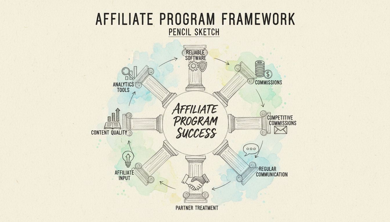 Affiliate program success framework showing 7 key pillars: Reliable Software, Competitive Commissions, Regular Communication, Partner Treatment, Affiliate Input, Content Quality, and Analytics Tools