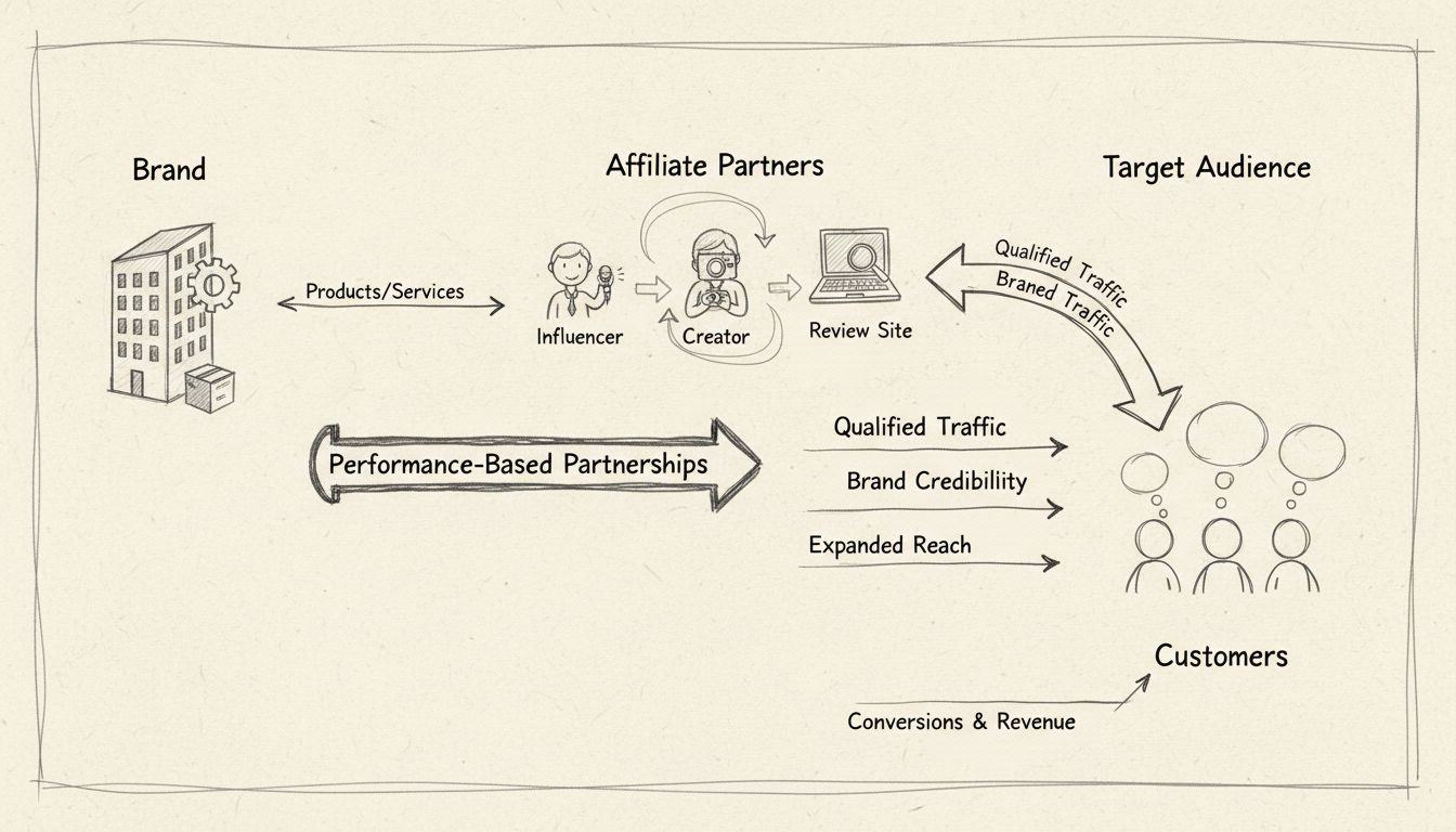 Affiliate marketing ecosystem diagram showing brand, affiliate partners, and target audience connections with performance-based partnerships and qualified traffic flow