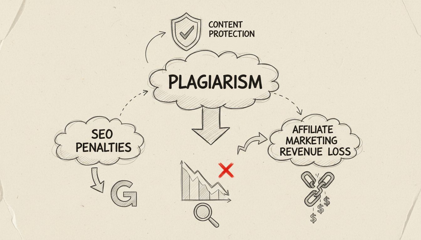 Diagram showing relationship between plagiarism, SEO penalties, and affiliate revenue loss
