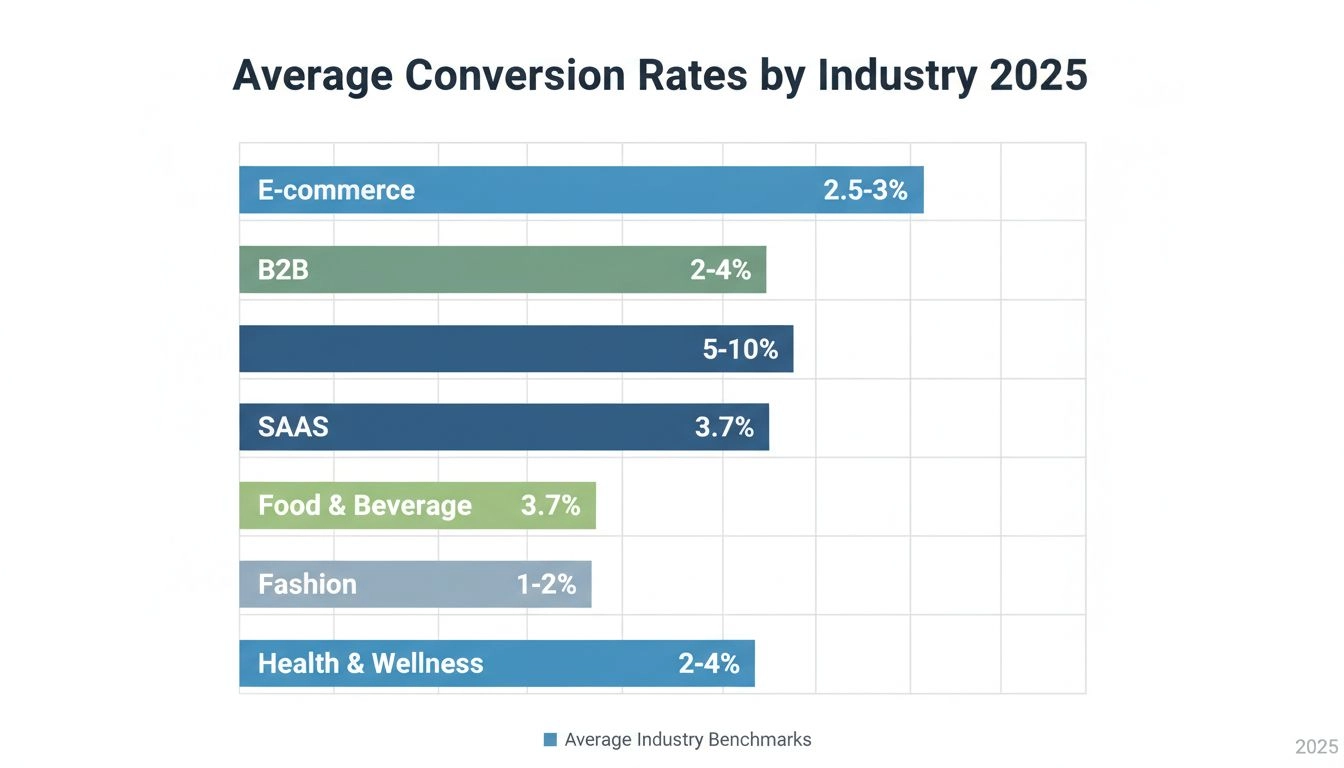 Conversion rate benchmarks by industry 2025 showing bar chart with percentages for e-commerce, B2B, SaaS, food and beverage, fashion, and health and wellness sectors