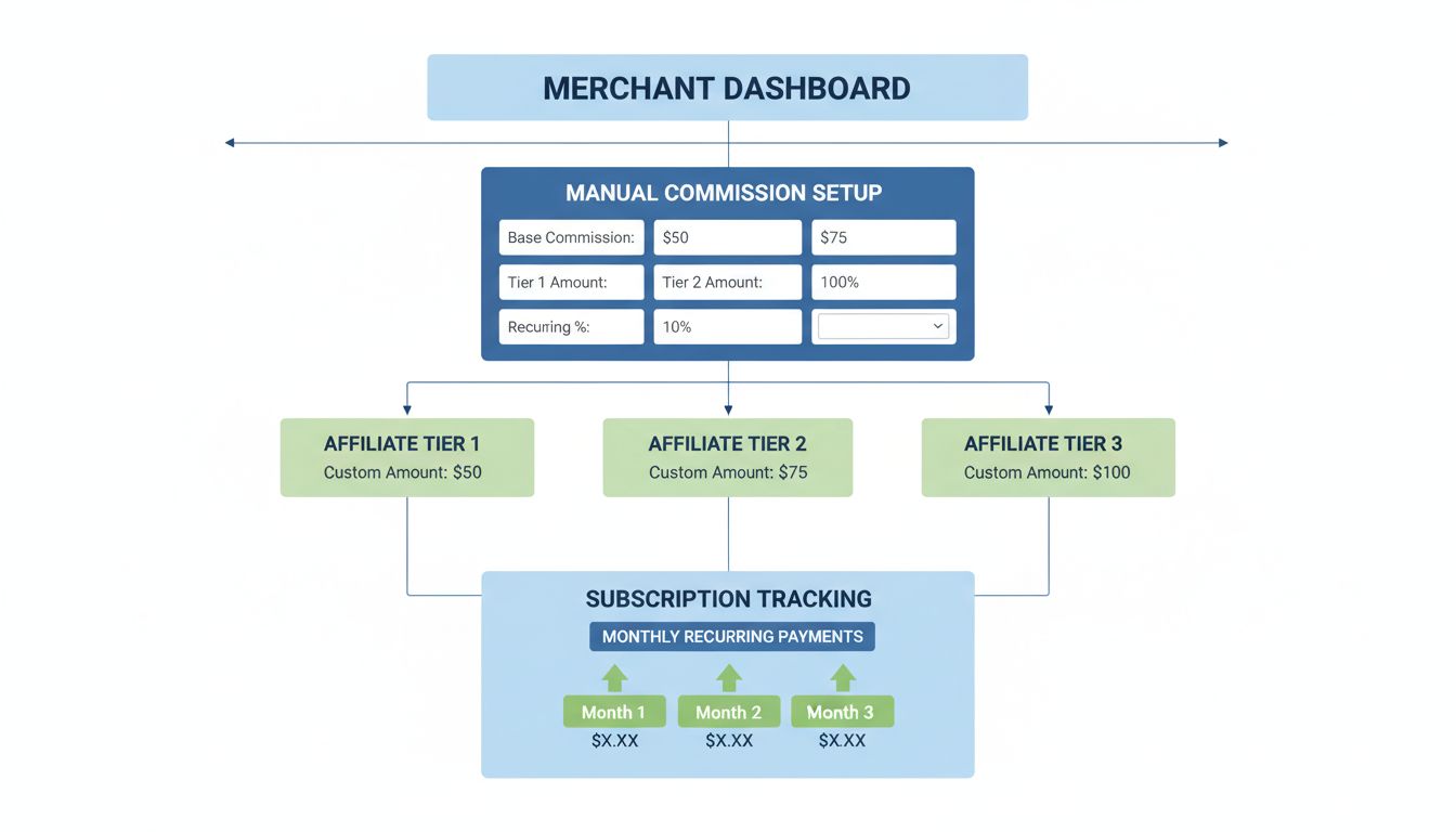 Recurring commission customization workflow diagram showing merchant dashboard, manual commission setup, affiliate tiers with different amounts, and subscription tracking