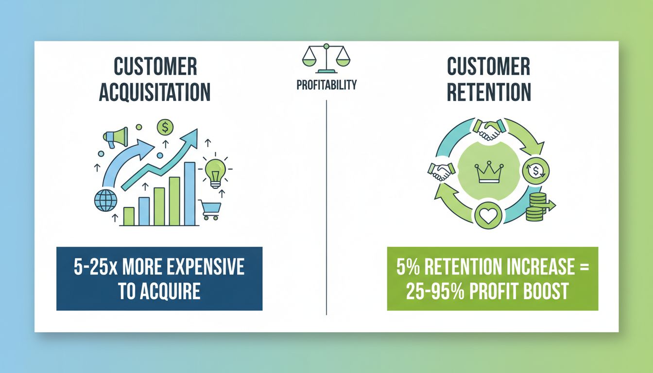 Customer acquisition vs retention comparison infographic showing cost differences and profit impact metrics