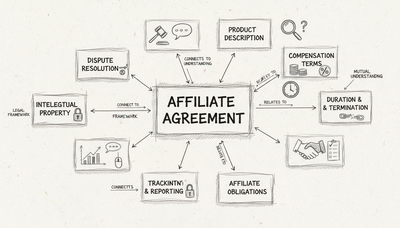 Affiliate Agreement Components Diagram showing Product Description, Compensation Terms, Duration, Obligations, Tracking, Confidentiality, IP Rights, and Dispute Resolution