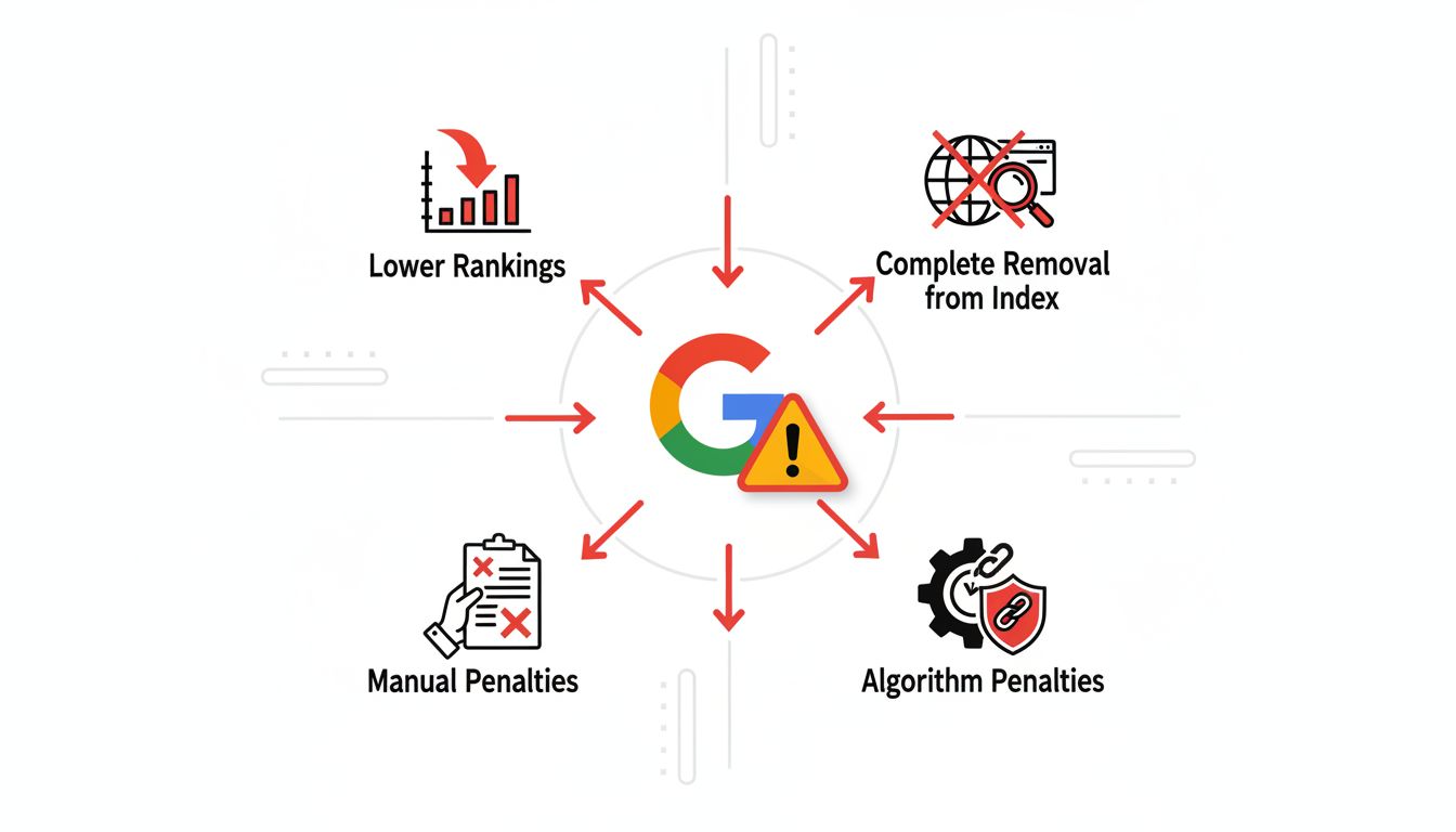 Infographic showing SEO penalties and risks including ranking drops, deindexing, manual penalties, and algorithm penalties