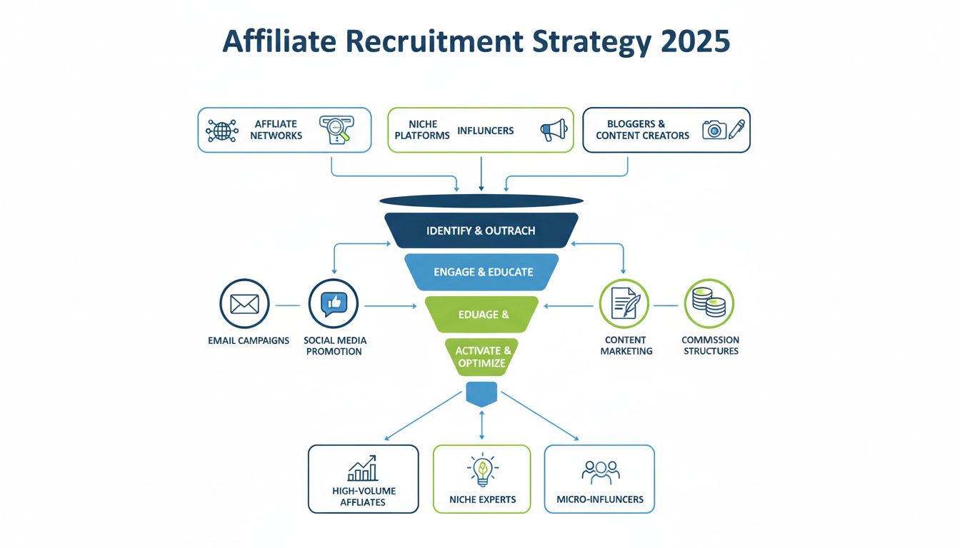 Affiliate Recruitment Strategy 2025 showing multiple channels including affiliate networks, niche platforms, influencers, bloggers, and content creators with recruitment funnel