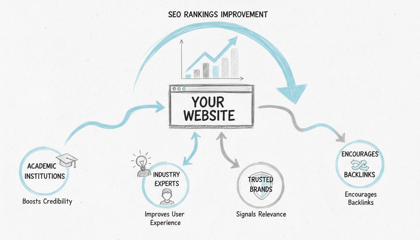Hand-drawn diagram showing how outbound links improve SEO rankings with arrows pointing to credibility, user experience, relevance signals, and backlink encouragement