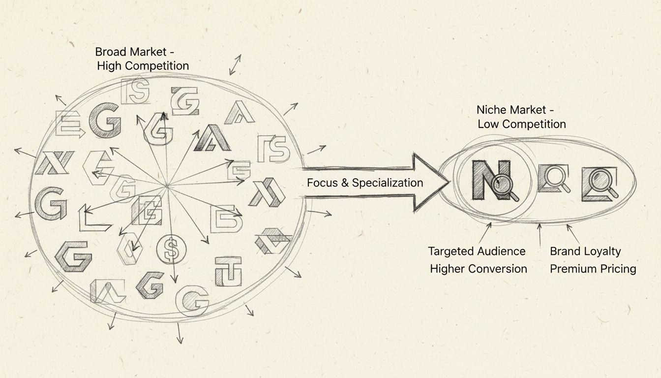 Niche marketing strategy diagram showing broad market vs focused niche market with lower competition